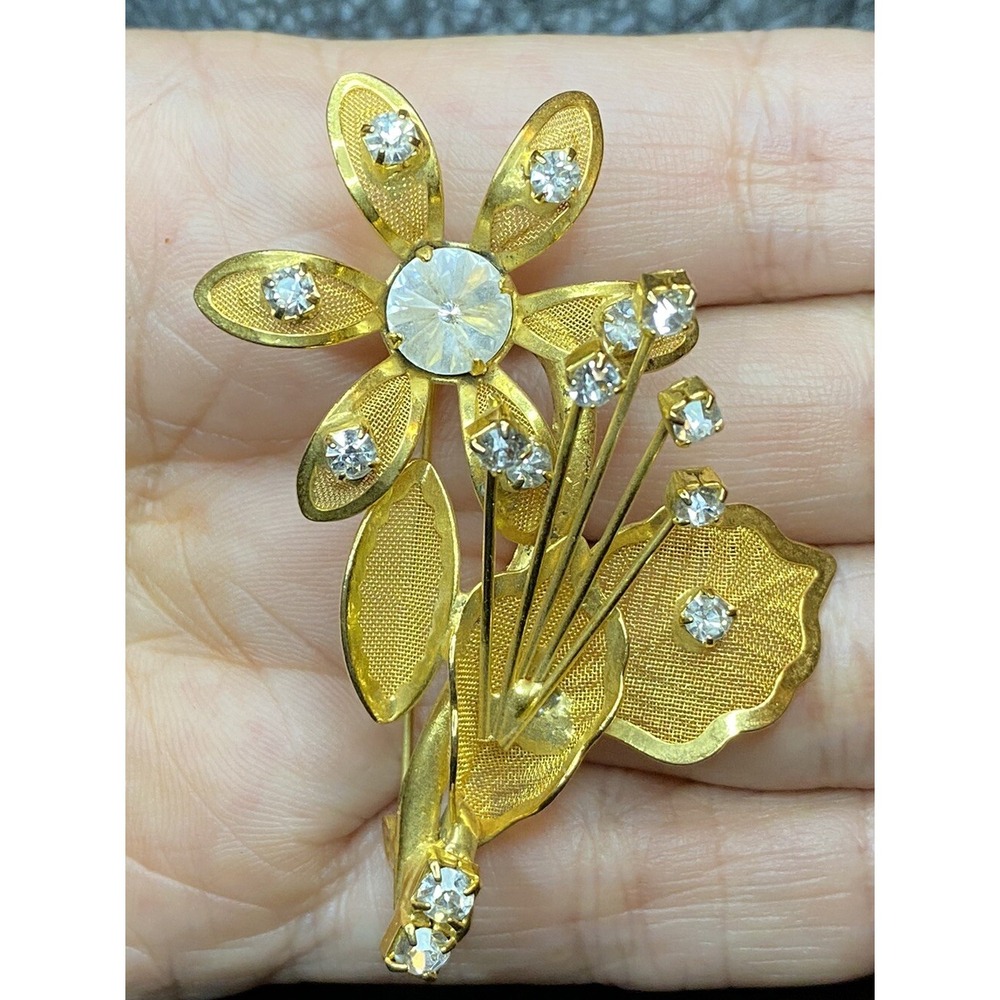Vintage Goldtone & Sparkly Rhinestone Mesh & Filigree FLOWER Bouquet Brooch Pin